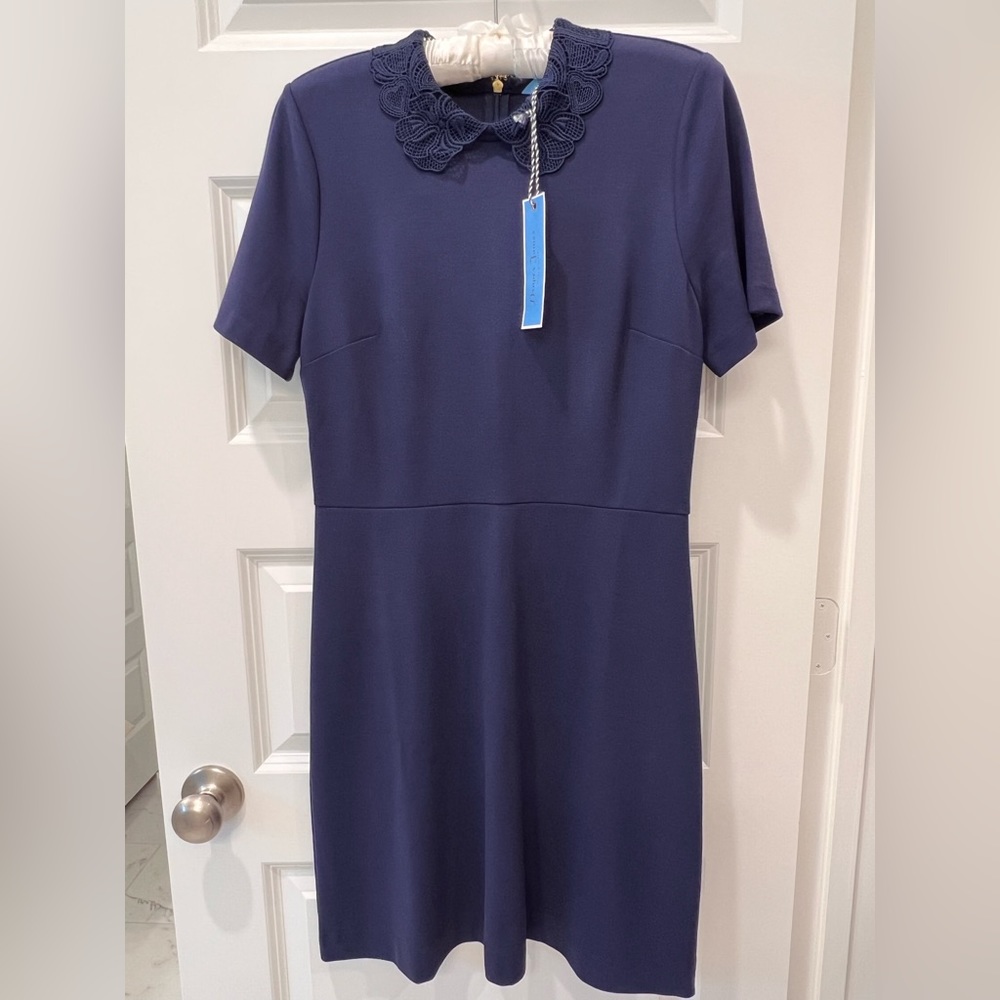 NWT Draper James Navy Blue Lace Collar Persley Ponte Knit Sheath Dress. Size 4